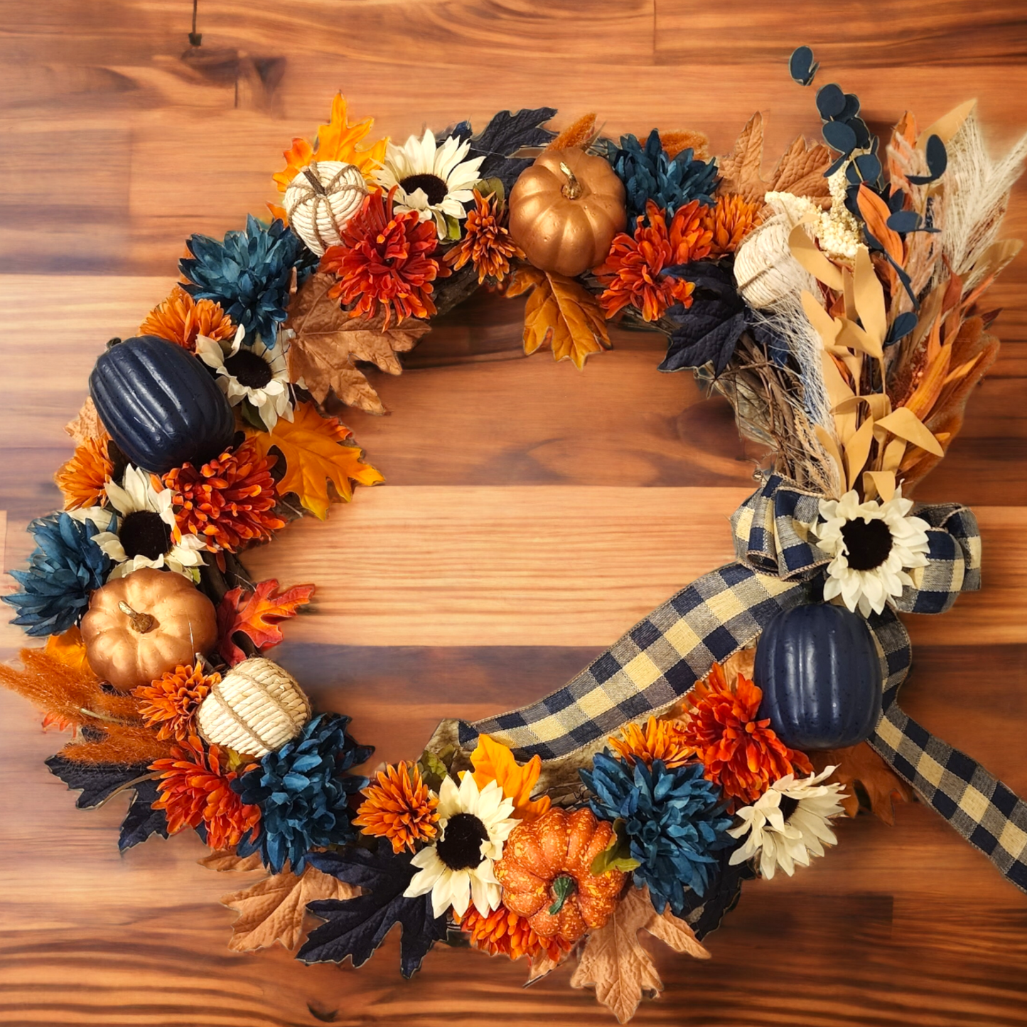 Harvest Denim | Orange Blue & White | Fall | 28" Grapevine Wreath