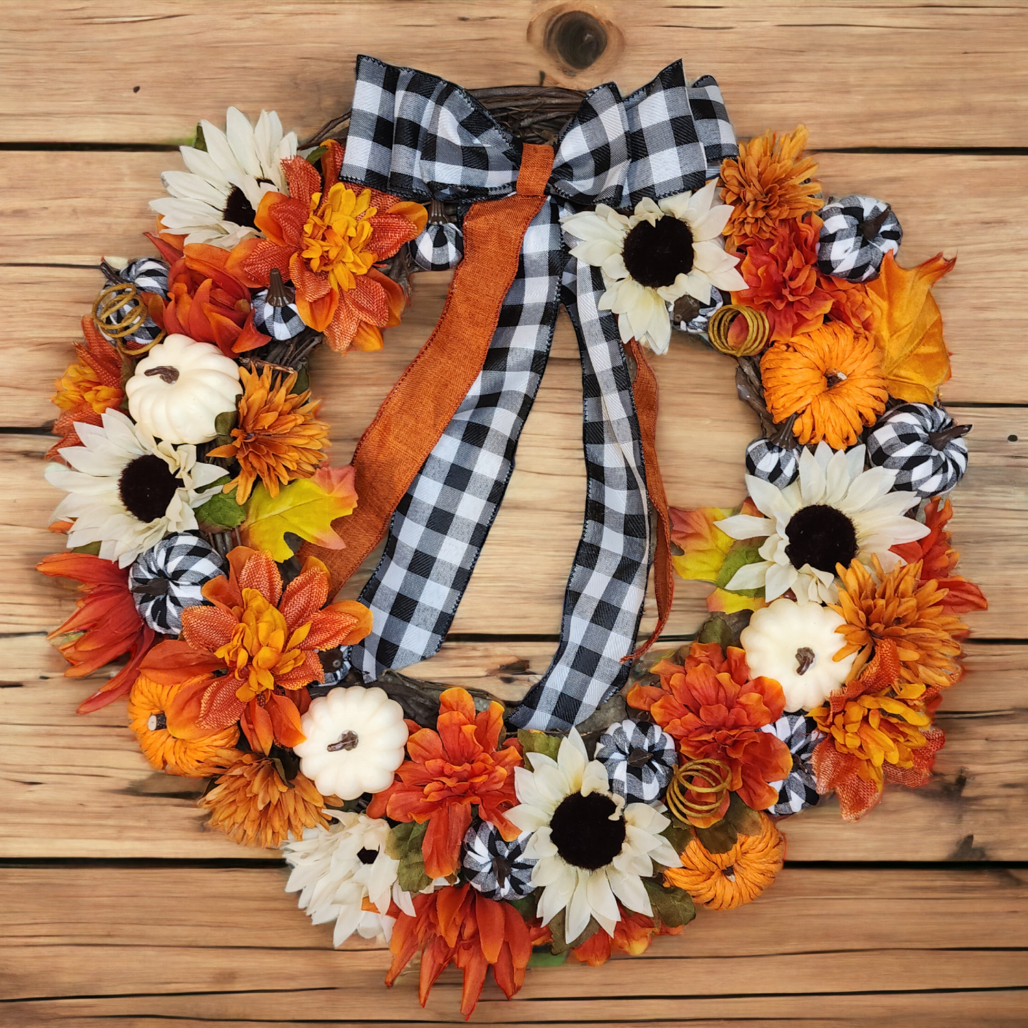 Lil' Bumpkin l | Orange, Black and White Gingham | 18" Fall Wreath