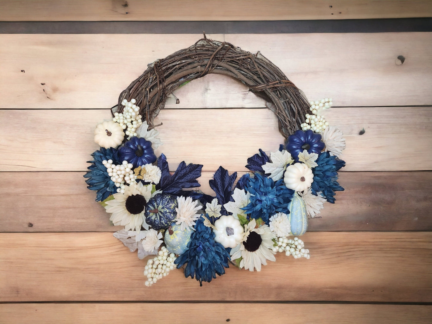 Durham | Blue & White | Fall | 18" Grapevine Wreath