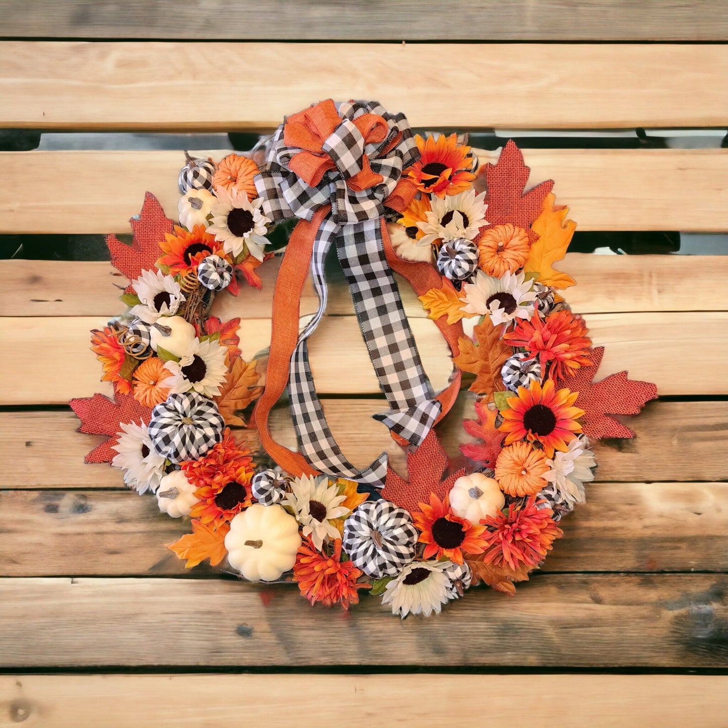Country Bumpkin | Orange, Black and White Gingham | 22" Fall Wreath