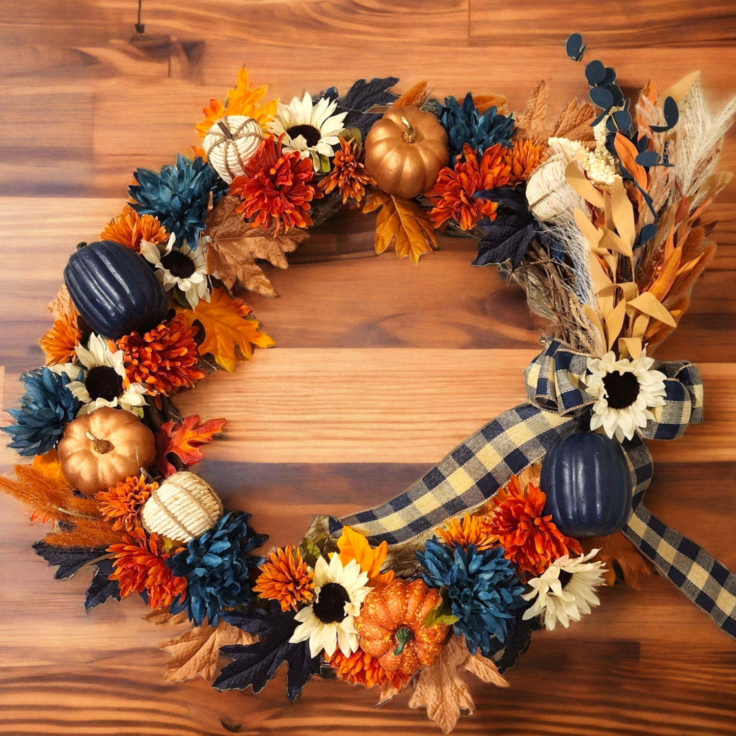 Harvest Denim | Orange Blue & White | Fall  | 28" Grapevine Wreath