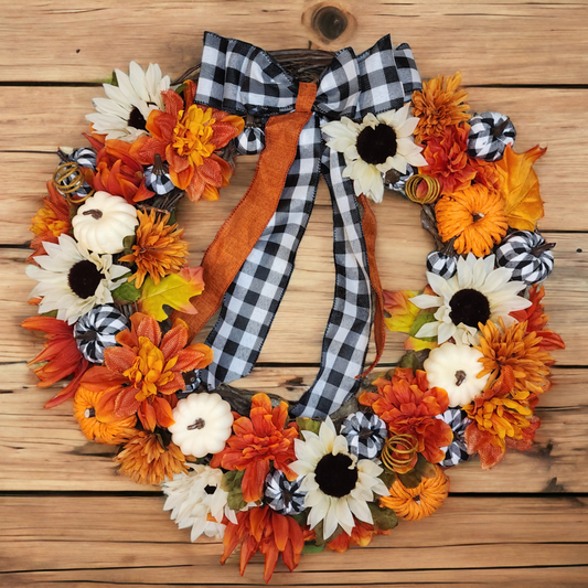 Lil' Bumpkin l | Orange, Black and White Gingham  | 18" Fall Wreath