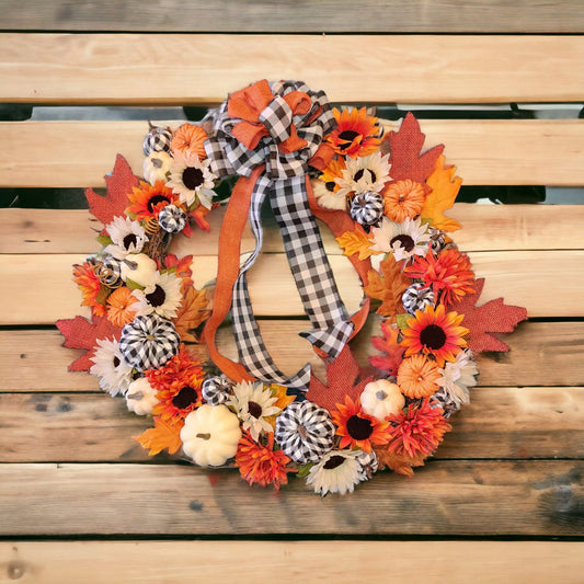 Country Bumpkin | Orange, Black and White Gingham  | 22" Fall Wreath